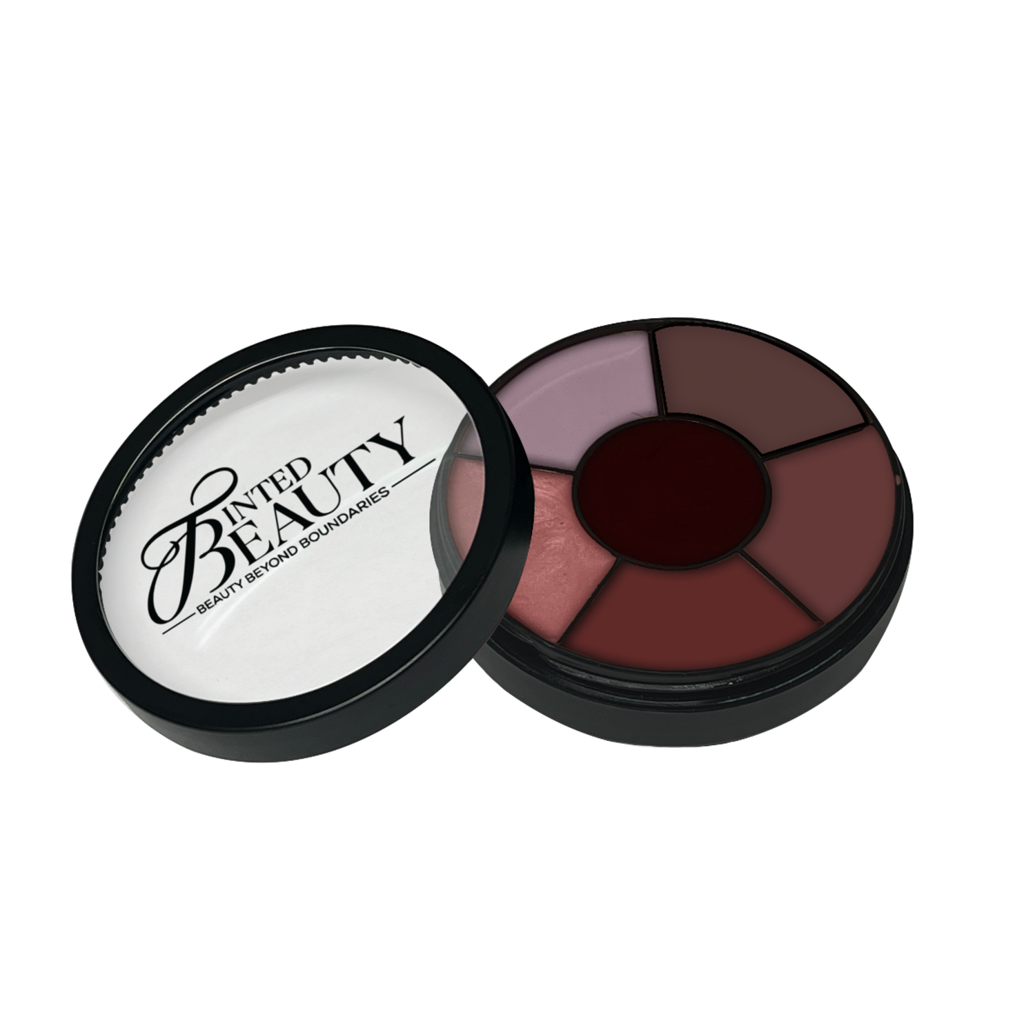 Makeup palette with shades of brown and pink, branded 'Tinted Beauty Cosmetics'.